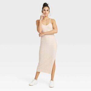 Cream Ribbed Knit Midi Dress